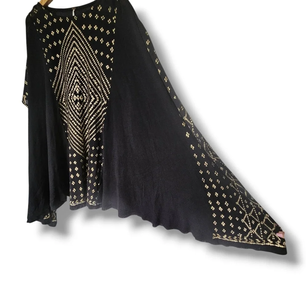 Free People Poncho L Women Black Gold Metallic Lightweight Oversized Draped Chic